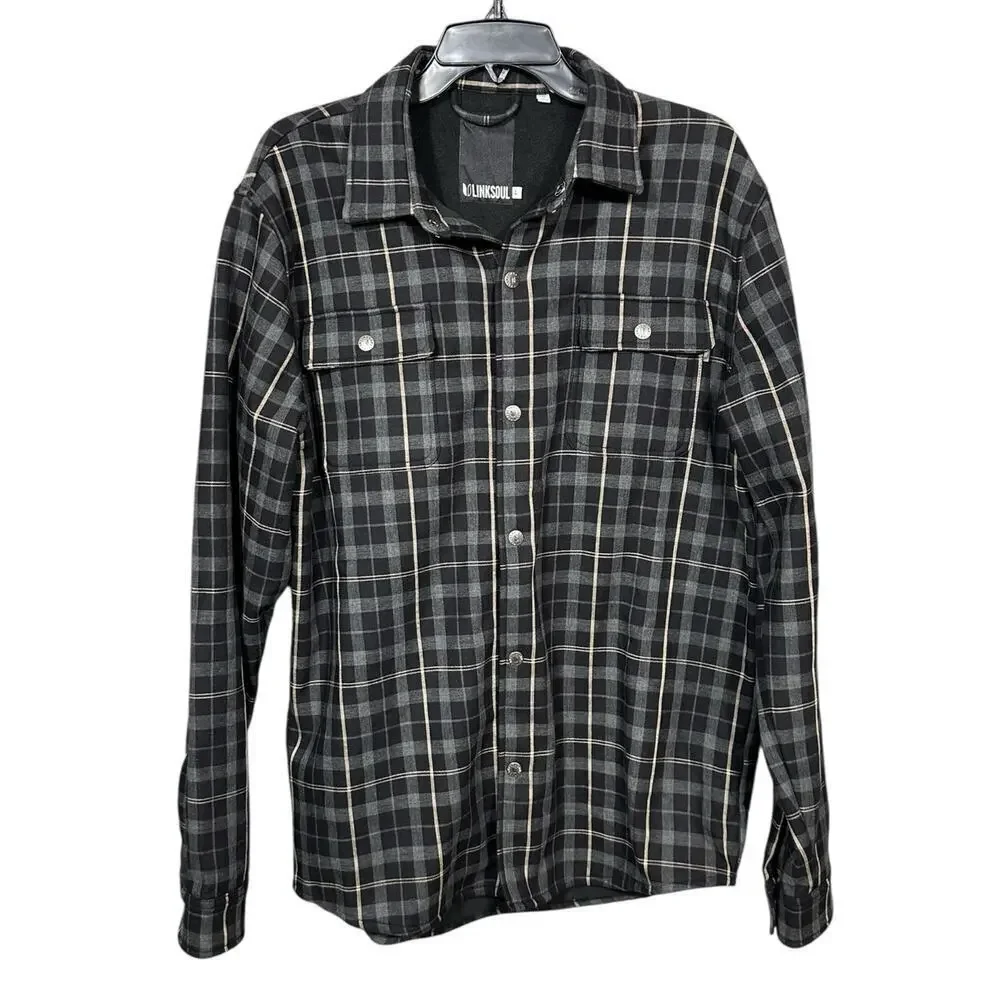 Linksoul Men’s Black Gray Plaid Shacket L Flannel Snap Button Jacket